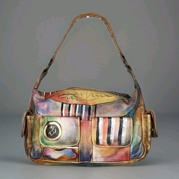 Anuschka Hand Painted Leather Satchel Multicolor Abstract Designs Shoulder Bag - Picture 1 of 12